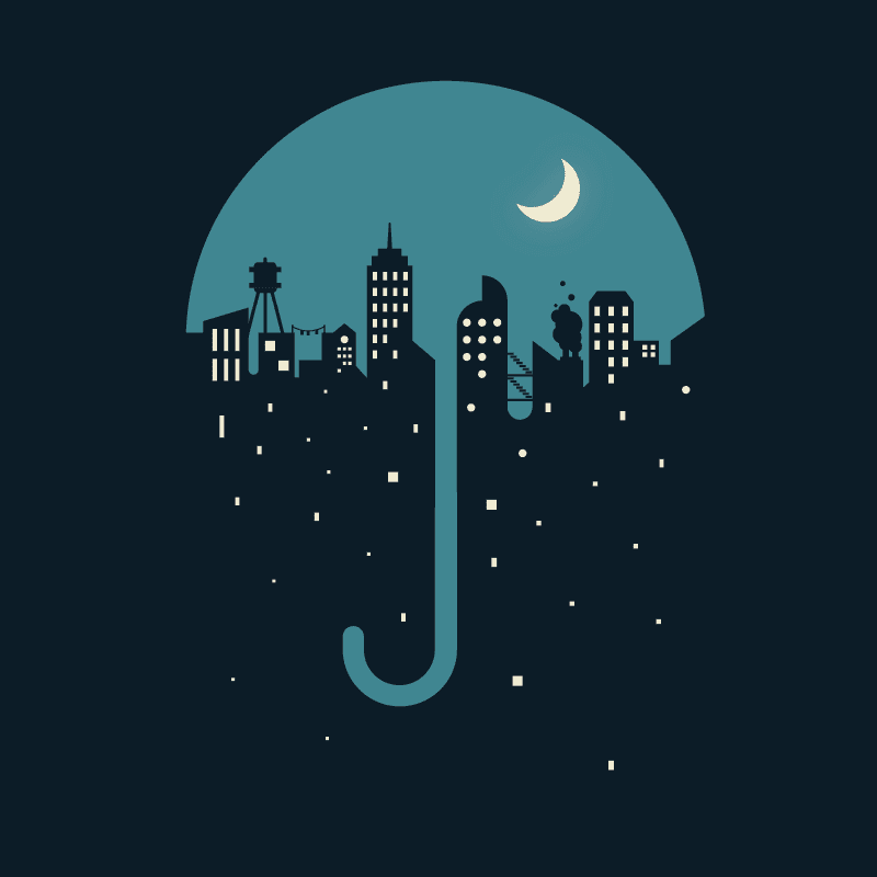 Pluviophile illustrated scene with stylized rain and character design