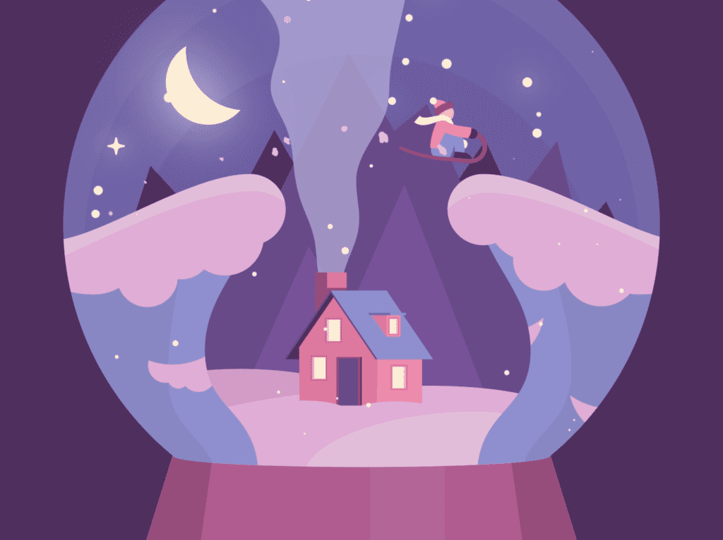 Animated holiday card with snow globe illustration