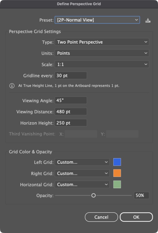 Illustrator 2026 Define Perspective Grid dialog with the [2P-Normal View] preset selected