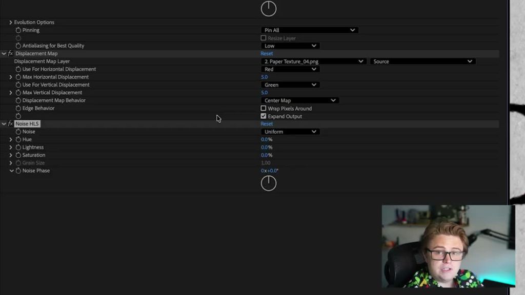 After Effects Displacement Map settings using paper texture as the source layer
