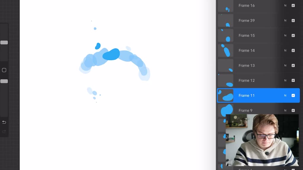 Procreate water animation frame showing breakaway droplets from the main liquid shape