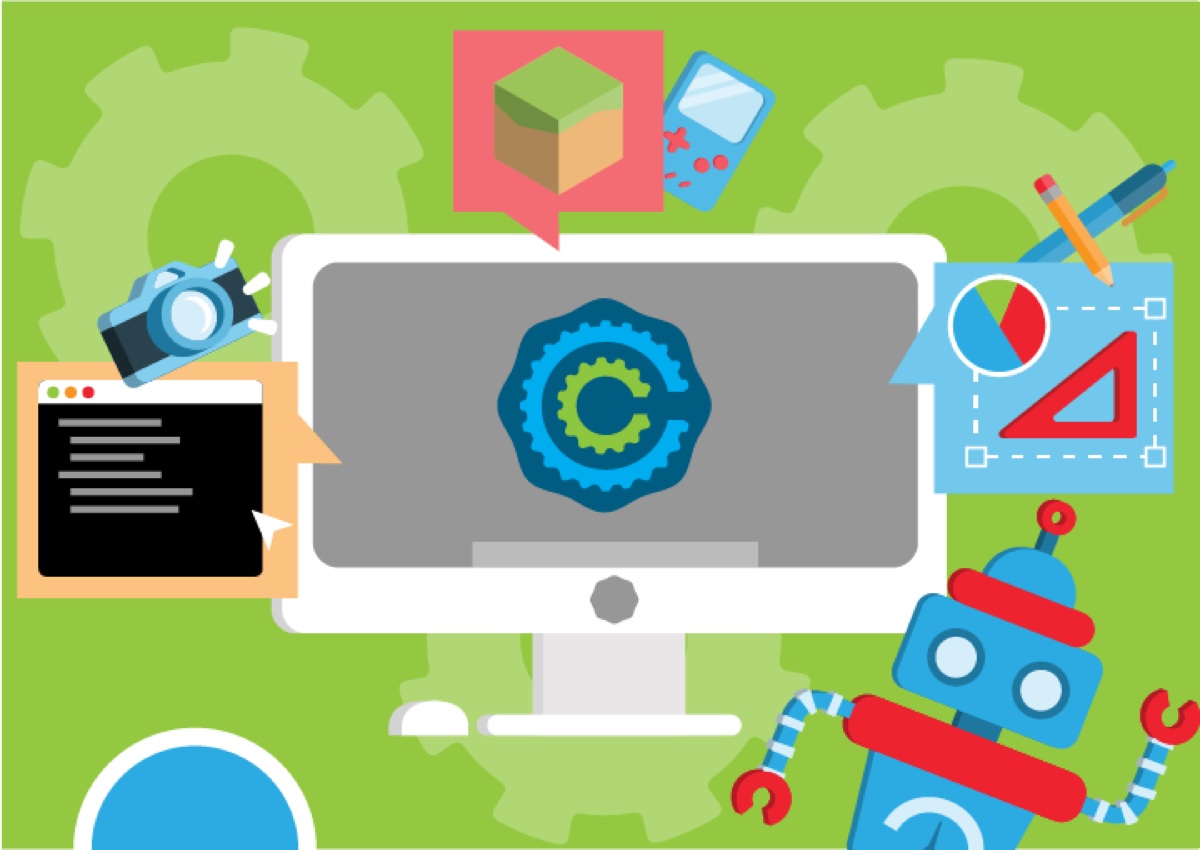 CodeChangers introductory sidequest thumbnail with a computer, creative tools, and robot