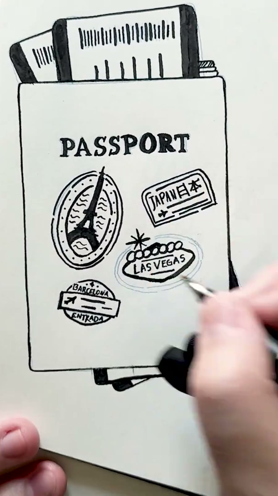Inktober passport drawing with travel stamps from cities and countries.