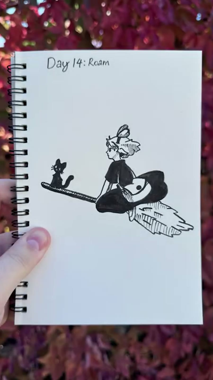Inktober roam drawing inspired by Kiki flying on a broom with Jiji.