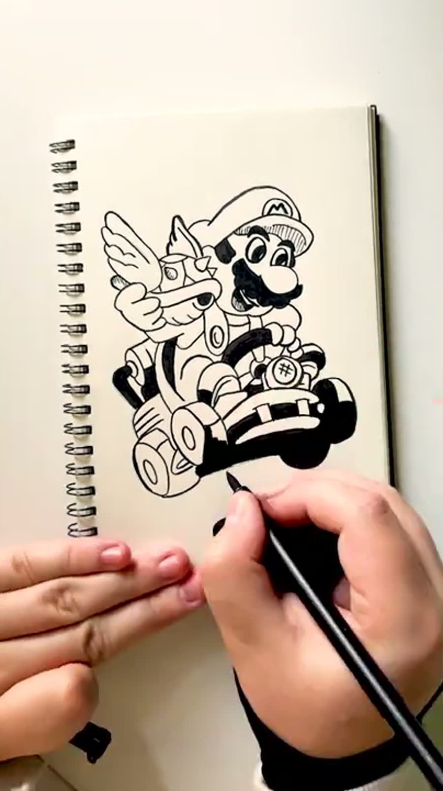 Inktober drive drawing with Mario Kart and a blue shell reference.