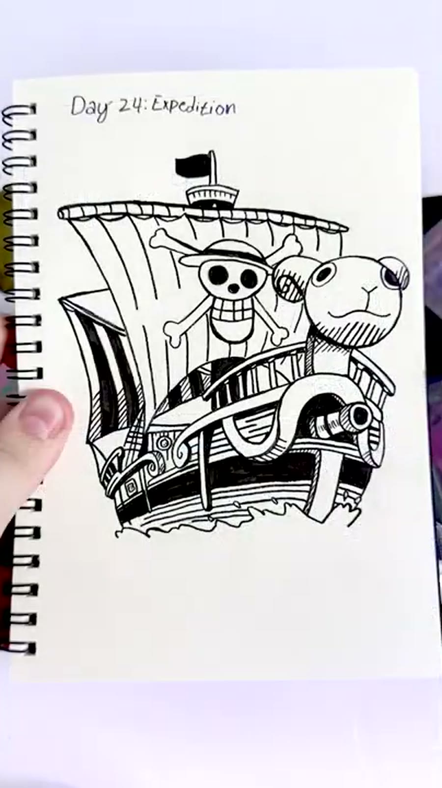 Inktober expedition drawing of the Going Merry pirate ship from One Piece.