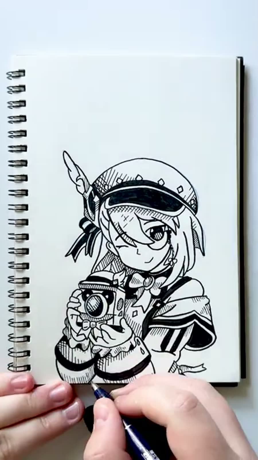 Inktober camera drawing of Charlotte from Genshin Impact holding a camera.