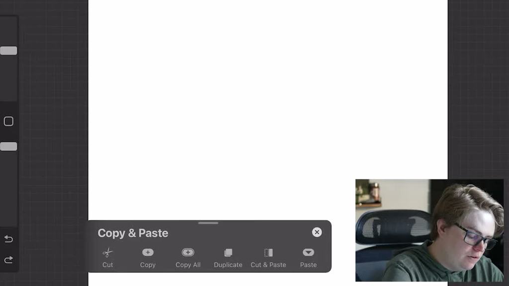 Procreate copy and paste gesture menu with cut, copy, duplicate, and paste controls