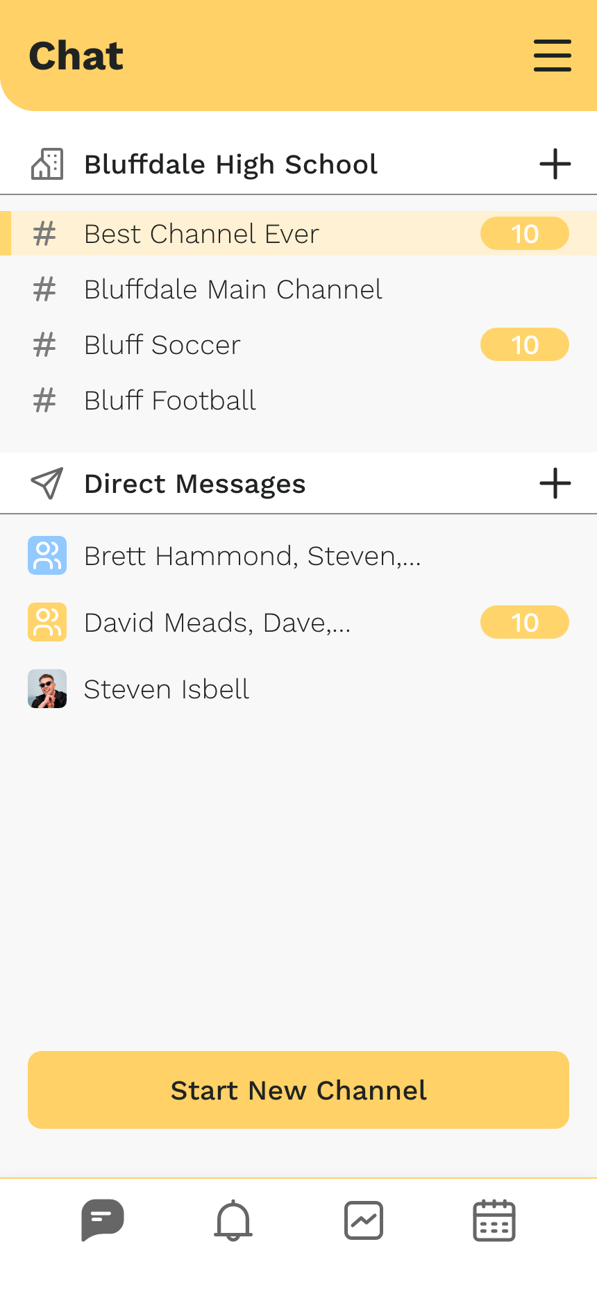 Stride app chat channels and direct messages view