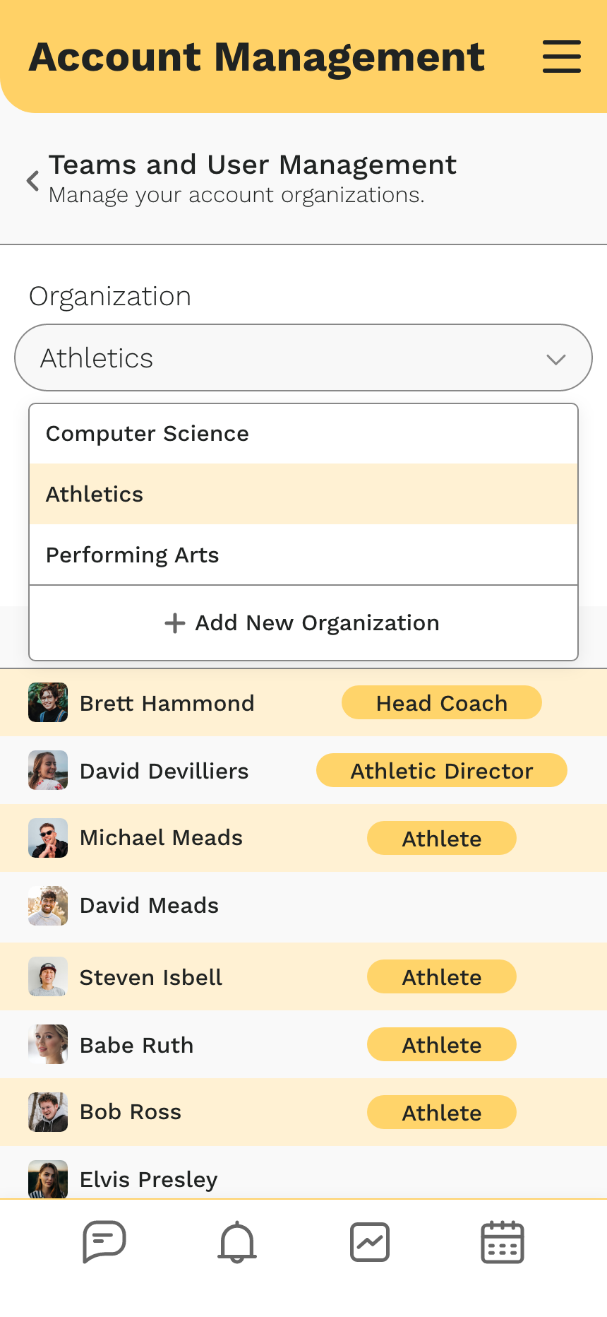 Stride app teams and user management dropdown view