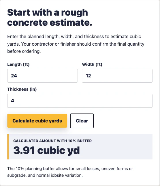 Clover Creek concrete calculator showing a 3.91 cubic yard estimate with a 10 percent planning buffer