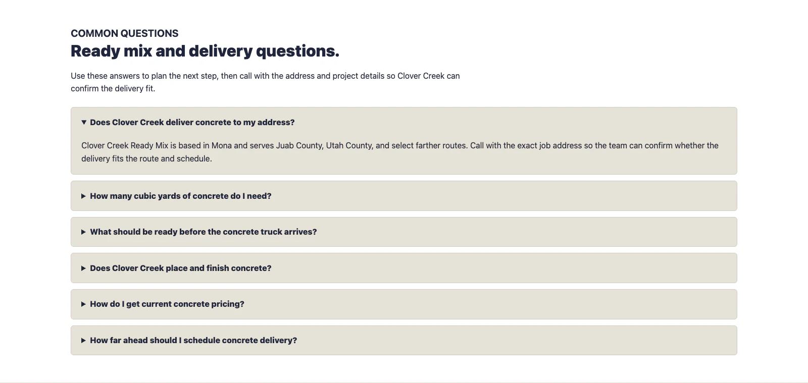 Clover Creek Ready Mix frequently asked questions with one delivery answer expanded