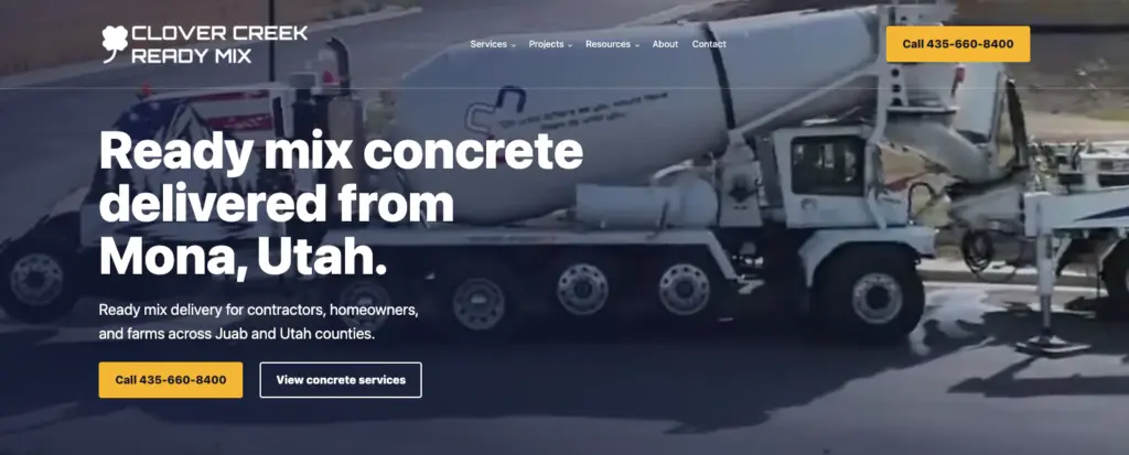 Clover Creek Ready Mix custom WordPress homepage at desktop width
