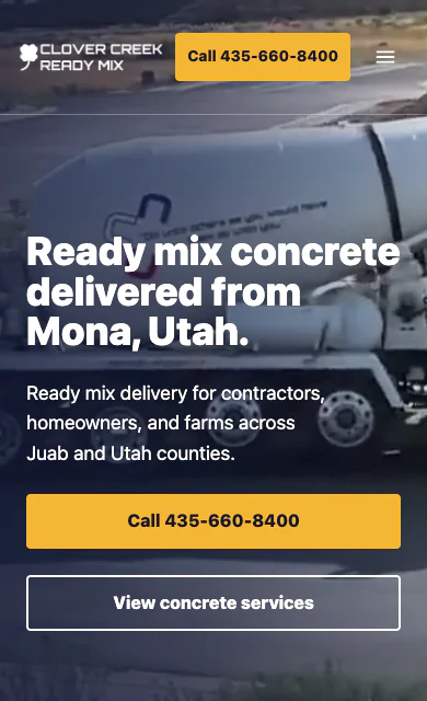 Mobile Clover Creek Ready Mix homepage with responsive navigation and call action