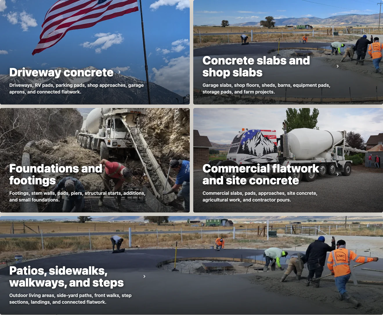 Clover Creek Ready Mix project gallery for driveways, slabs, foundations, commercial work, patios, and sidewalks