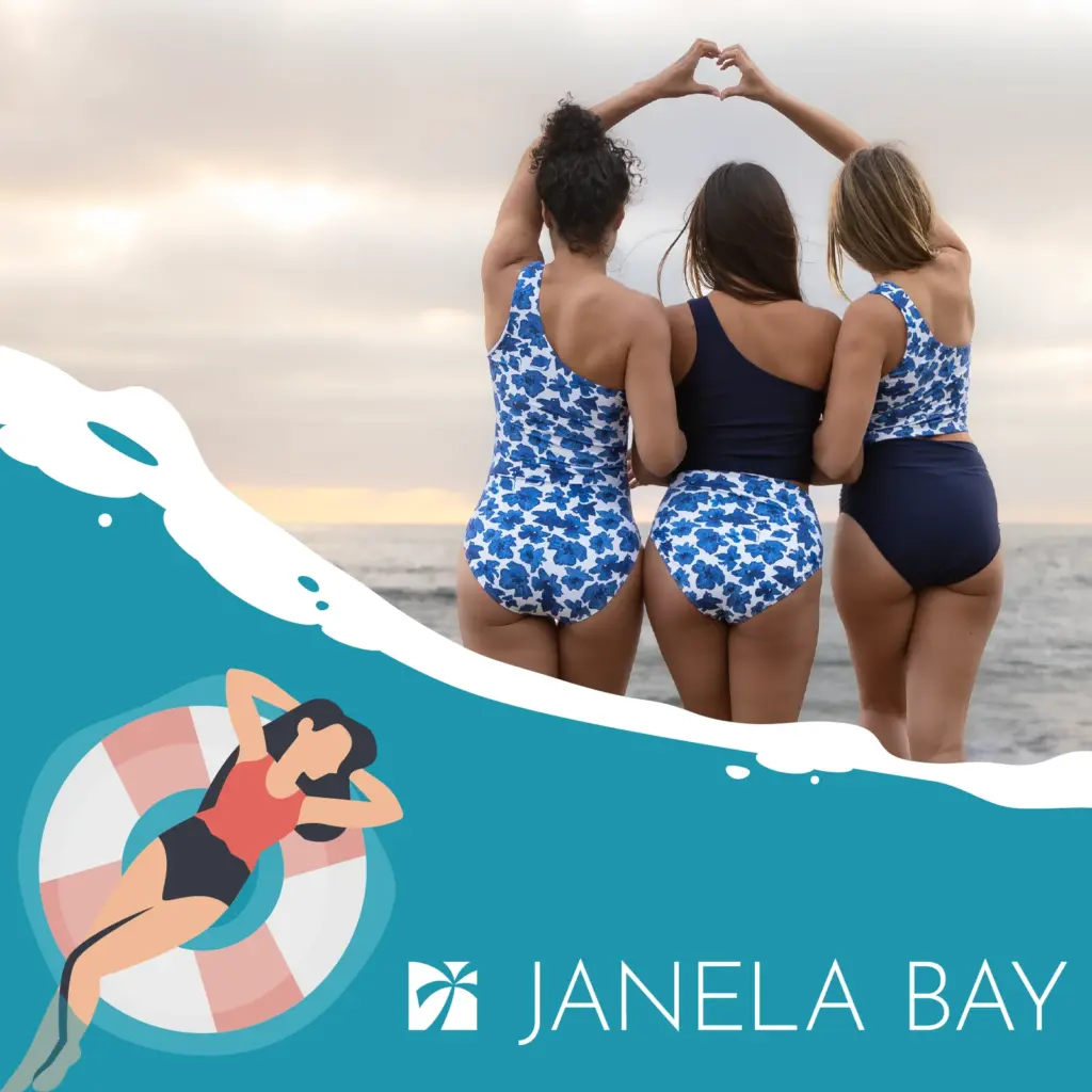 Janela Bay campaign design combining beach photography, an illustrated swimmer, and the brand mark