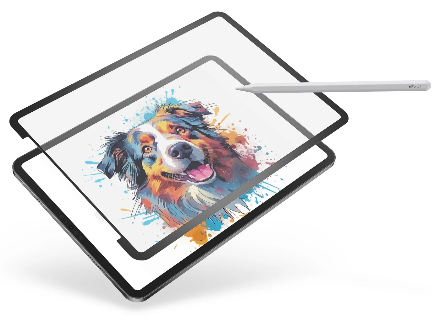 GhostPaper Air drawing surface above an iPad displaying colorful dog artwork